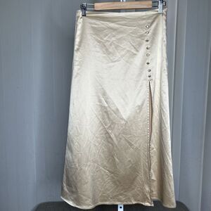 Mable Satin Midi Skirt Nude Beige Color Deep Slit Buttons Zip Closure Size M